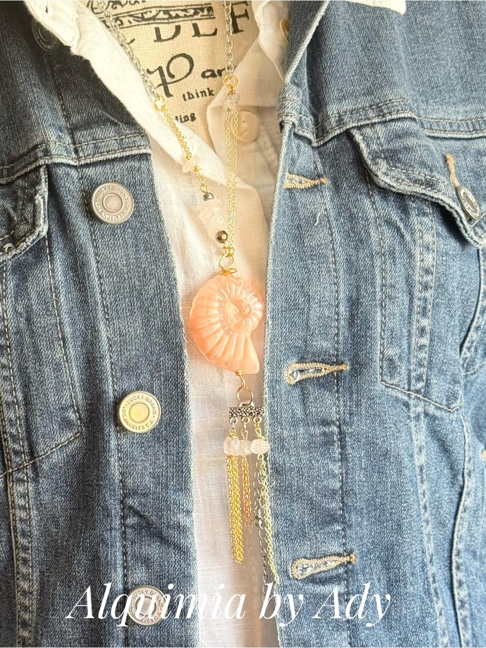 Summer beaded Pink Rose Quartz Nautilus Tassel Necklace - Picture 10 of 11